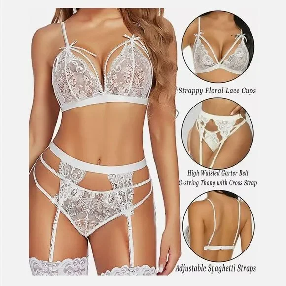 Women Sexy Lingerie Set Lace Teddy Strap Babydoll Bodysuit with Garter Belts - Picture 5 of 5